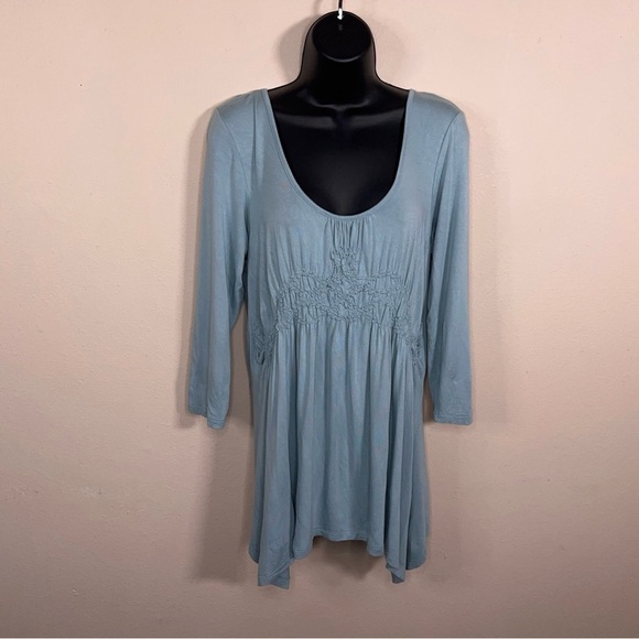 Large Kenar Blue Top 3/4 Sleeve Embroidered Accent Stretch Boho Bohemian - Picture 8 of 13